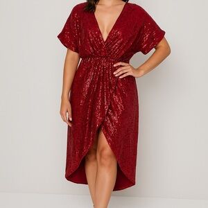 PrettyLittleThing Red‎ Sequin Wrap Midi Dress – Party Holiday Style